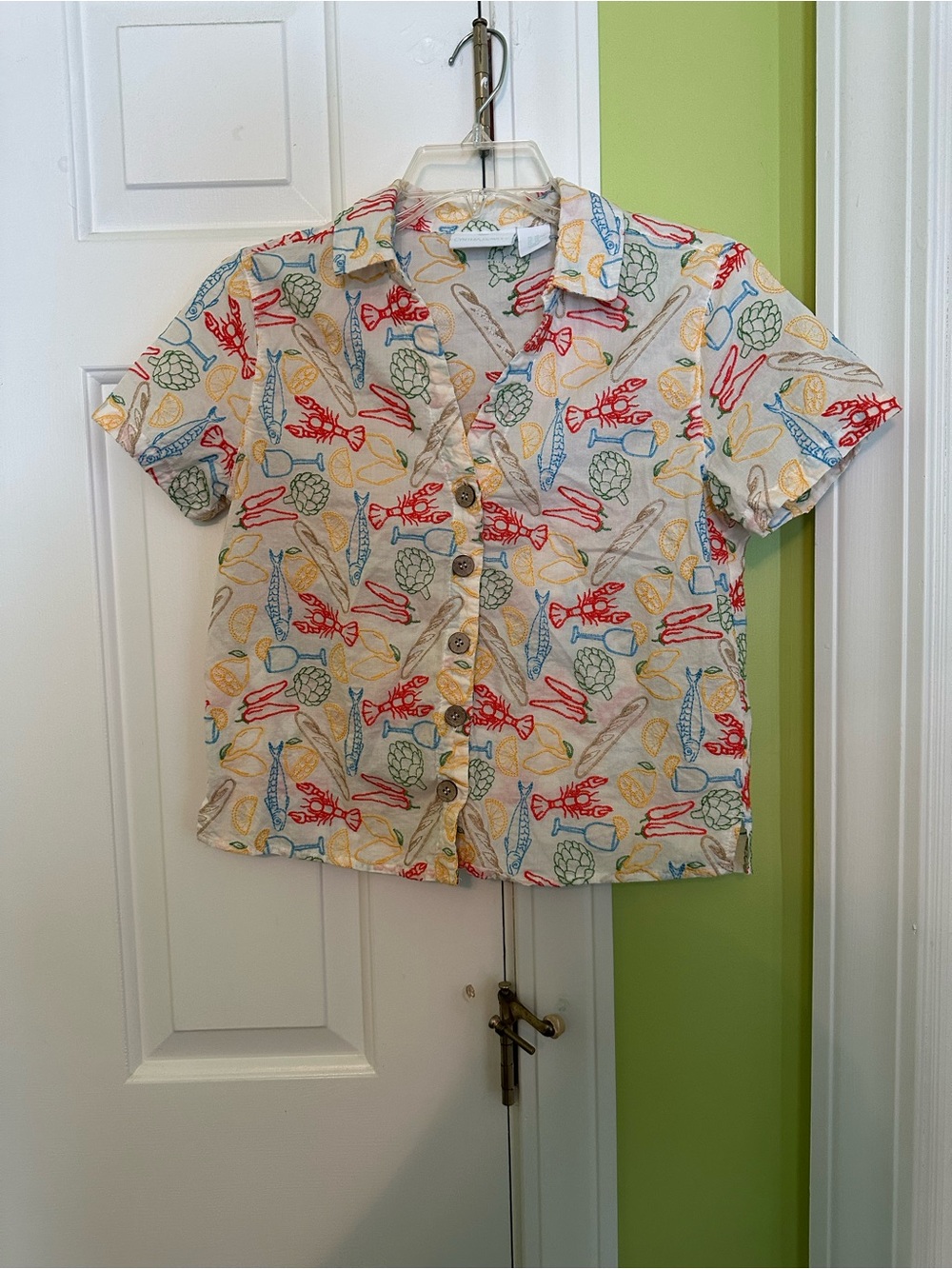Cynthia Rowley Embroidered Novelty Food Print Short Sleeve Button Down Size XS
